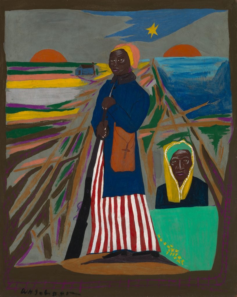 An image of a painting depicting two views of Harriet Tubman standing beneath the moon where numerous roads meet.