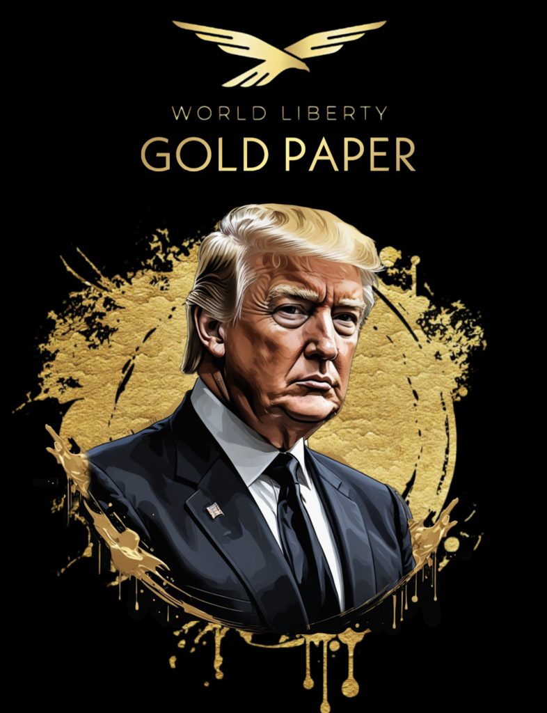 An image from the "gold paper" of World Financial Liberty, featuring Donald Trump's face